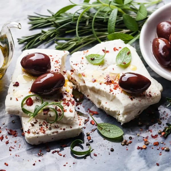 Feta cheese blocks topped with Kalamata olives, herbs, and spices, drizzled with olive oil.
