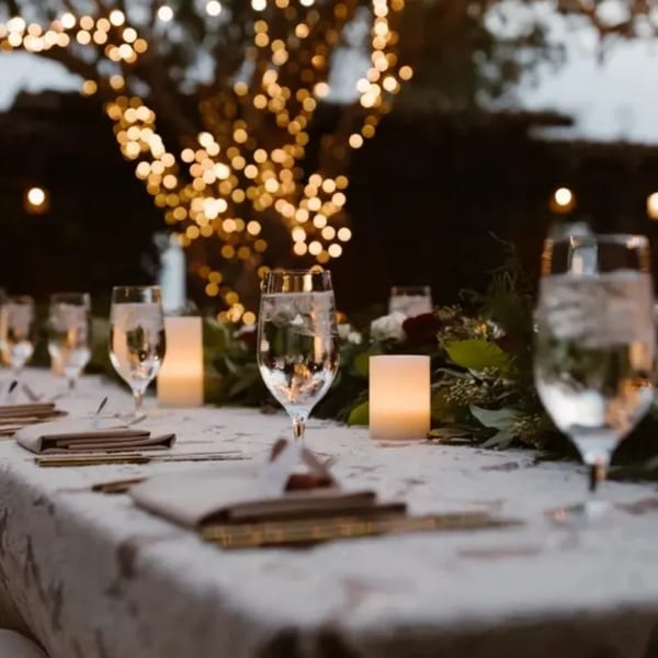 Outdoor dining table set with glasses, candles, and greenery, under a tree adorned with string lights.
