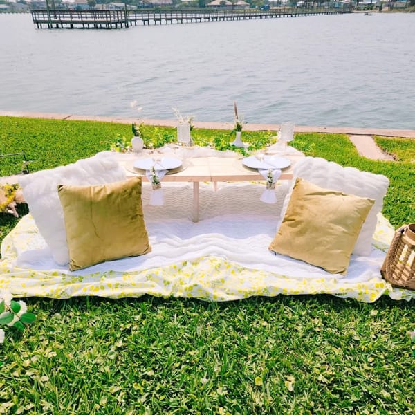 A picnic setup by the water with a low table, pillows, and place settings on a blanket.