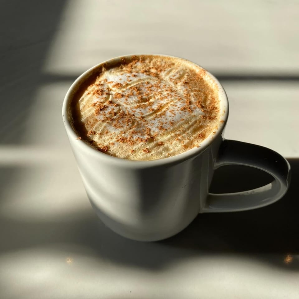 A white mug of coffee with foamed milk and cinnamon sits in sunlight at PIK-NIK Deli.
