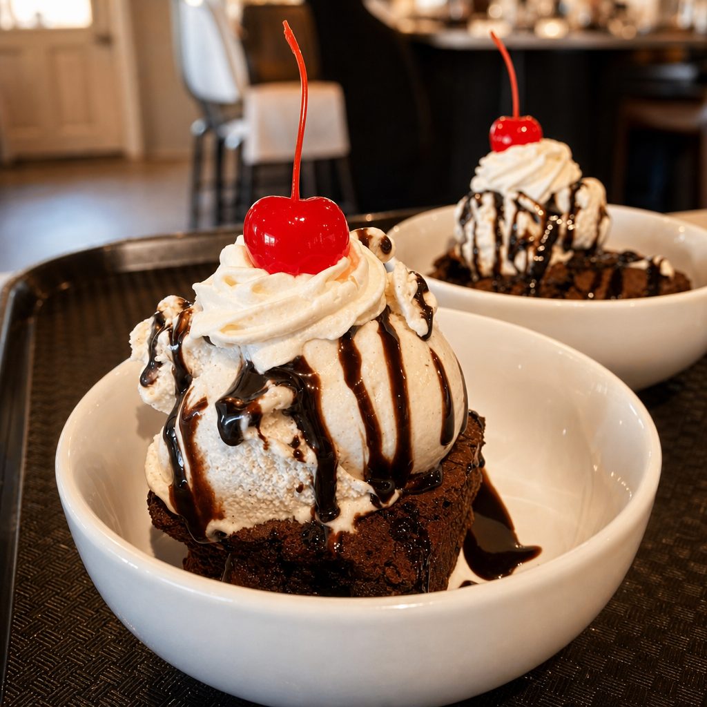 HOT FUDGE BROWNIE SUNDAE.