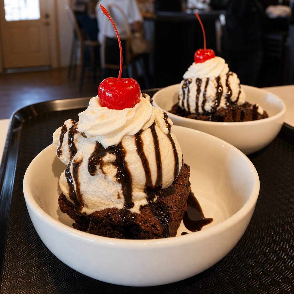 HOT FUDGE BROWNIE TURTLE SUNDAE.