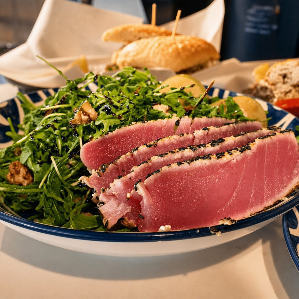 PROSCIUTTO + PEAR ARUGULA SALAD (AHI TUNA STEAK).